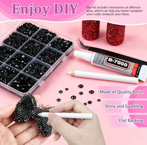 10000PCS Black Rhinestones Bedazzling Gems 2/3/4/5/6MM Mix Sizes Resin Jelly Bedazzler Kit Flatback with Complete Tools for DIY, Nail, Art Craft for Girls Gift