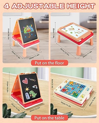 Elovien Foldable Art Easel for Kids, Double Sided with Chalkboard & Magnetic Dry Erase Board, Height Adjustable Desktop Easel, Educational Gift for Girls (Pink)