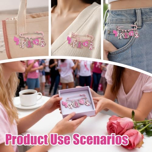 Breast Cancer Awareness Accessories DIY Pins Ribbon Brooches Craft Kit, 24 pink Safety Pins, 75 Enamel Charms, 100 Jump Rings, Pliers Tool, Pink Breast Cancer Survivor Gift for Women Girls Charity Month Party