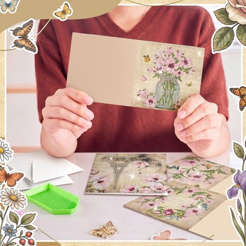 Saillong 12 Pack Vintage Floral Diamond Painting Greeting Card Kits Retro French Flower Diamond Art Cards with Envelopes Pink Flowers 5D Rhinestones Painting Kit for Adult DIY Craft Family Friend Gift