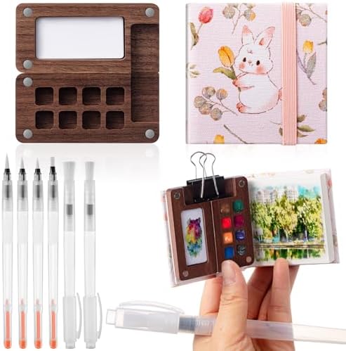 Qilery Mini Portable Watercolor Palette Set Wooden Grid Paint Box Watercolor Paper Sketch Book Brush Pens with Binder Clip for Painters Artist Not Include Paint(Rabbit)