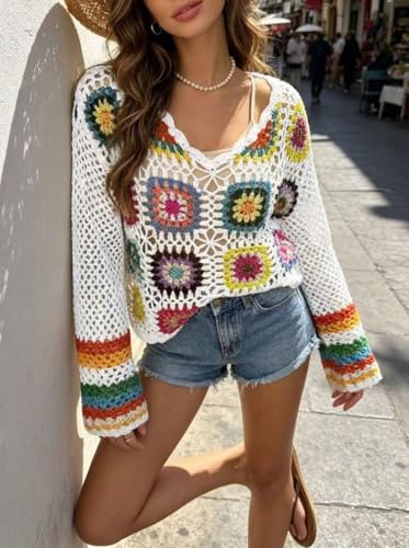 Kinghua Crochet Tops for Women Spring Summer Boho Floral Shirts Coverups
