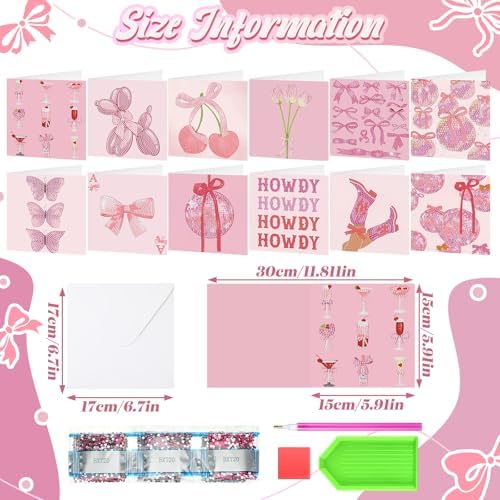 Saillong 12 Pack Pink Bow Diamond Painting Greeting Card Kits DIY Coquette Diamond Art Cards with Envelopes Cute Pink Bow 5D Rhinestones Painting Making Kits for Adults DIY Craft Family Friend Gifts
