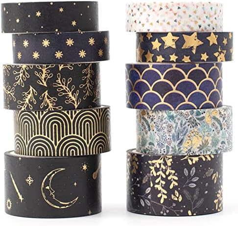 Creative Washi Tape Set 10 Rolls Gold Foil Print Decorative Masking Tapes for Arts, DIY Crafts, Journals, Planners, Scrapbook, Wrapping (Black Mashup)