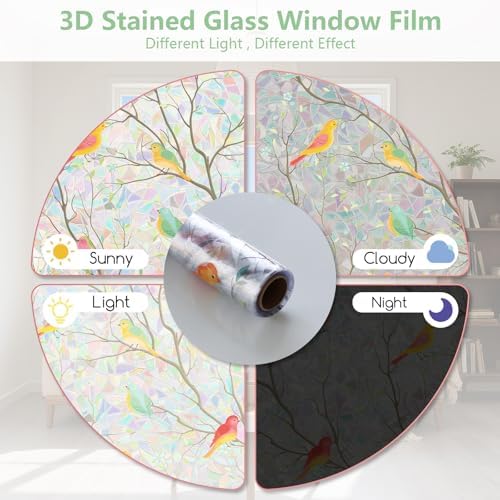 Kromapolis Window Privacy Film, Stained Glass Rainbow Bird, 17.5″ x 157.4″