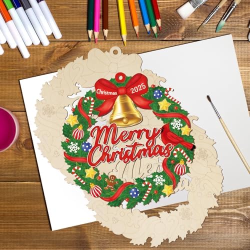 Paintable Christmas Ornaments 3 Sets, Wooden Ornaments to Paint, Unfinished Merry Christmas Wreaths Wood Crafts for Painting, Wood Cutouts DIY Xmas Ornament for Front Door Decor