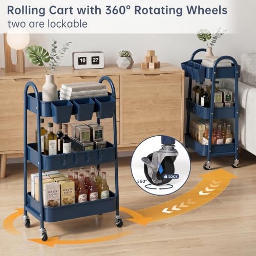 danpinera 3-Tier Rolling Cart, Utility Cart Mobile Metal Rolling Storage Cart with Lockable Wheels & Hanging Cups & Hooks for Kitchen, Bathroom, Office, Workshop, Dark Blue