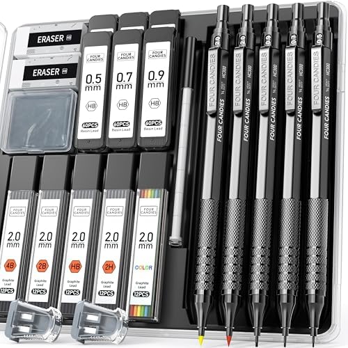 Four Candies Metal Mechanical Pencil Set, 3PCS Art Drafting Pencils 0.5, 0.7, 0.9MM & 2PCS 2MM Mechanical Drawing Pencils with 420PCS Leads (4B 2B HB 2H Color) for Writing Sketching Drawing (Black)