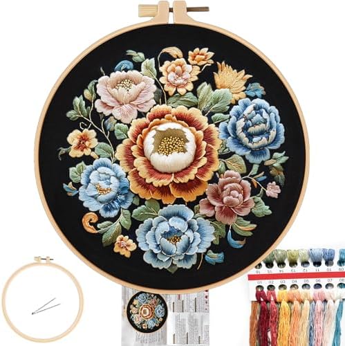 FONNUY Floral Embroidery Kit, Cross Stitch Kits for Beginners, Handmade Crafts with Printed Patterns for Beginner Adults, Easy to Follow Color Thread Needlework, 8'' Hoop (Petals Unfurling)