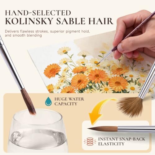 Kolinsky Sable Miniature Paint Brushes, Professional Fine Detail Paint Brushes, Golden Maple Round Point Paint Brush for Miniatures, Watercolor Details, Figures & Acrylic - Size 00, 0, 1