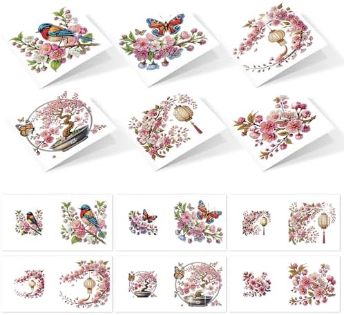6pcs 5D DIY Diamond Painting Kit Greeting Card, Small Bird Peach Blossom Diamond Handmade Greeting Card with Envelope, Holiday Gift Congratulations