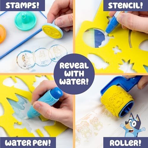Bluey Water Drawing Mat - Mess-Free Water Art with Stamps, Stencils, and Reusable Accessories for Toddlers