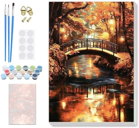 SENQAO Landscape Paint by Numbers Kit for Adults Beginner, Fall Maple Leaf Bridge Adult Paint by Number Kits on Canvas, DIY Acrylic Oil Easy Painting by Numbers for Home Wall Decor 8X12 inch
