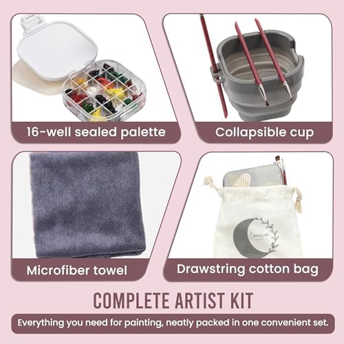 Airtight Watercolor Palette with Lid - Set of 5 Paint Brush Holder Cup with Paint Palette | Acrylic Paint Palette | Paint Brush Cleaner Cup | Painting Accessories | Painting Palette Gifts for Artists