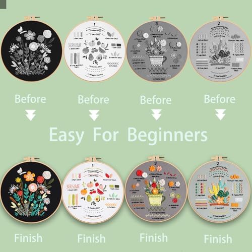 Ohcol Embroidery Kit for Beginners, 4 Floral Patterns, Learn 33 Stitches, Pre-Printed Fabric, Hoop, Colored Threads and Needles, Easy Video Guide, DIY Hand Sewing Gift for Adults and Teens