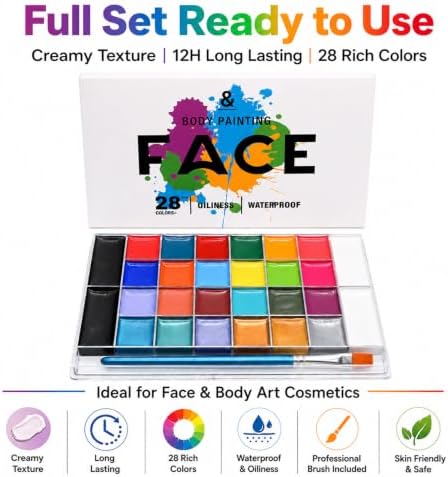 28 Colors Face Body Paint Kit, Oil Based, Waterproof Non-Toxic Face Paint Palette with Brush for Halloween Cosplay, Parties & Stage Makeup
