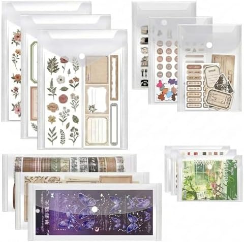 Sticker Organizer, Clear Plastic Envelopes with Snap, 12 Pack Waterproof and Durable for Sticker Storage, Scrapbook Storage, Washi Tape, Scrapbooking & Stamping Supplies (Mixed Sizes)