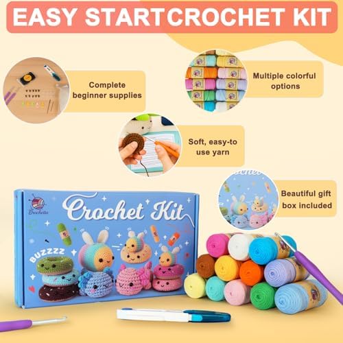 Crochetta Crochet Kit for Beginners Adults - Complete Starter Set with Crochet Hooks, Scissors, Stitch Markers + 12-Colored Yarn 45-50 Yards (20g) per Color