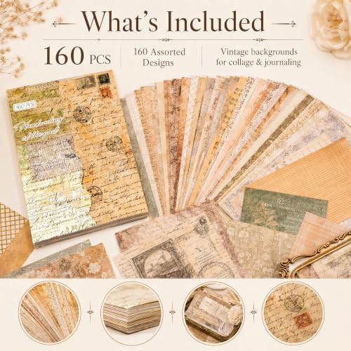 160 Sheets Vintage Scrapbook Paper Pack, Lightweight Decorative Paper Unique Designs, Junk Journal Supplies for Scrapbooking, Journaling, Decoupage, Collage, Card Making and DIY Crafts