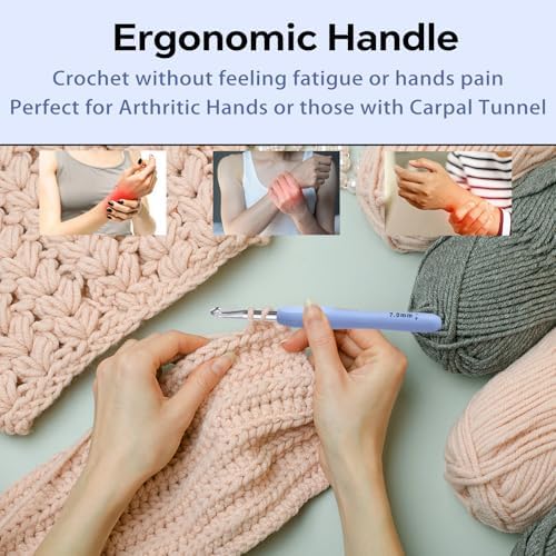 7mm Crochet Hook, Ergonomic Crochet Hooks with Soft Rubber Handle and Smooth Glide Head - Lightweight Aluminum Needles for Beginners, Arthritis, Yarn Projects, Long Crafting Sessions (7.0 mm)