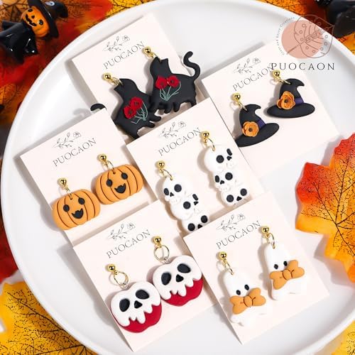 Puocaon Halloween Polymer Clay Cutters - 18 Pcs Halloween Themed Skull Ghost Cat Wizard Witch for Earrings Jewelry Making Clay Earrings Cutters