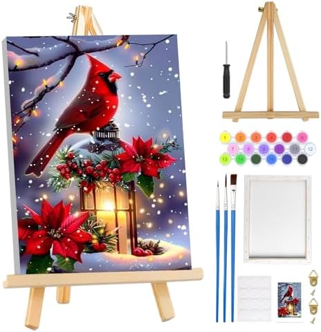 MOGTAA Christmas Paint by Numbers Kit for Adults Beginners with Frame, Christmas Cardinal Adult Paint by Number Kits on Canvas with Easel, Easy DIY Winter Oil Painting Kits for Home Decor, 8x12in