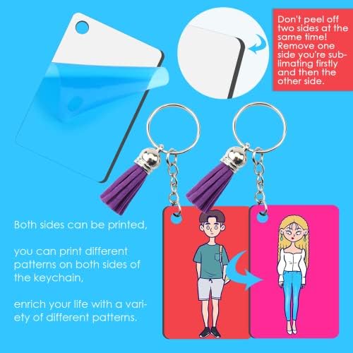 HTVRONT Sublimation Keychain Blanks - 120Pcs with Blue Protective Film - MDF Rectangle Keychain with Tassels - Heat Transfer Double Sided