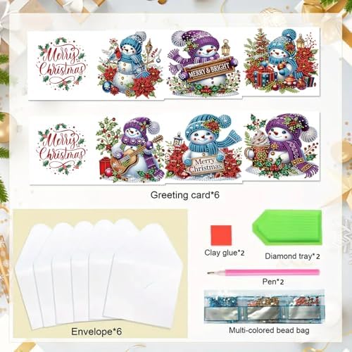 6Pcs Christmas Greeting Card DIY Diamond Art Painting Greeting Cards Blessing Folding Card Kit with White Envelopes Diamond Arts Crafts for Birthday Festival Gift-Snowman