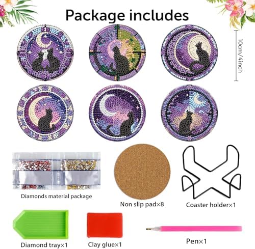 Diamond Art Coasters Kit, 6 Pieces Cat Diamond Painting Coasters Kit