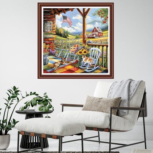Dimensean Counted Cross Stitch Kit for Beginners, 11CT Unprinted Cross-Stitch Kit Easy Patterns Needlepoint Kit Cross Stitching Embroidery Kit Supplies-The Scenery Under the Eaves 18x18 inch