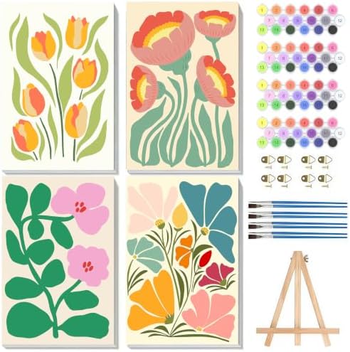 4 Pack Frame Paint by Numbers Kit for Adults, Flowers Paint by Numbers