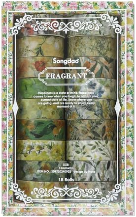 18 Rolls Blossom Washi Tape Set Floral Arts Adhesive Tapes Flowers Garden Decorative Masking Tape Sets for Craft, Kids, Scrapbook, DIY, Gift Wrapping (Golden Harvest)