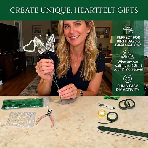 DIY Handmade Floral Art Tool Set, Money Flower Bouquet Making Kit Including ABS Pearls, Metal Wire, 2-Millimeter Diameter Flower Stems, Scissors, Pliers and Green Tape