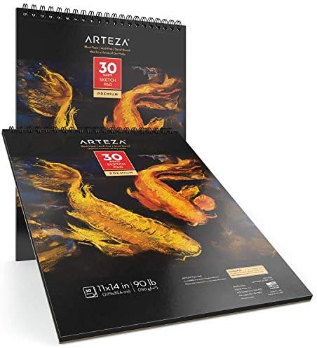 ARTEZA Spiral Sketch Book 11x14 Black Art Paper Drawing Pad 2 Pack 30 Sheets Sketch Pads for Drawing
