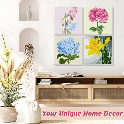 Genius maker Paint by Number for Adults Beginners, 4 Pack DIY Adult Paint by Number Kits on Canvas Framed, Flowers Color by Numbers Acrylic Oil Painting Number Kits Crafts for Home Wall Decor 8x8inch