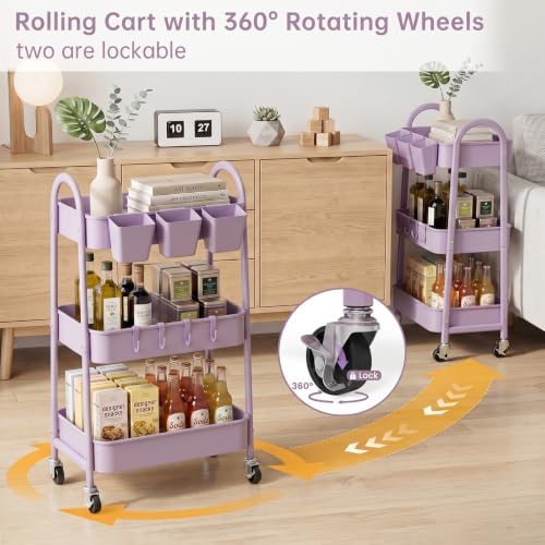 danpinera 3-Tier Rolling Cart, Utility Cart Mobile Metal Rolling Storage Cart with Lockable Wheels & Hanging Cups & Hooks for Kitchen, Bathroom, Office, Workshop, Purple