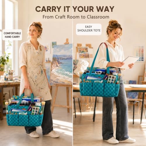 APOFFICE Large Craft Organizer Tote Bag with Multiple Pockets, Art Supply Storage Caddy with Removable Bottom Board and Shoulder Strap for Painting, Sewing, Scrapbooking and Classroom Supplies
