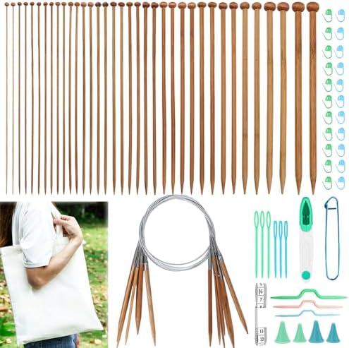 Hobekoee Bamboo Knitting Needles Set,36Pcs 9.8" Straight Single Pointed Bamboo Knitting Needles Set and 8Pcs 32" Circular Knitting Needles Kit with Storage Bag for Beginners Knitting Lovers