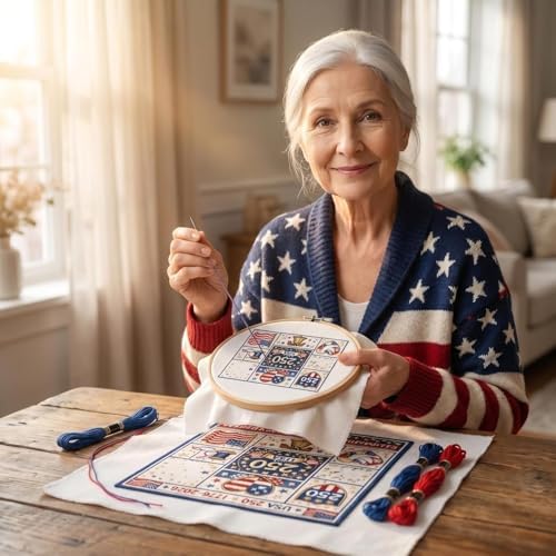 USA 250th Anniversary Cross Stitch Kit 9.8 x 9.8 Inch, 1776-2026 Patriotic Embroidery Kit for Beginners Adults, DIY 4th of July Patriotic Needlepoint Set with Threads Needle Wall Decor Craft Gift