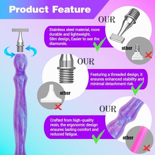 Huanlys Diamond Art Pens Tools Diamond Painting Accessories Kits with Screw Steel Rose Gold Metal Tip Nibs Placers Roller Tool Accessories (Purple Silver B)