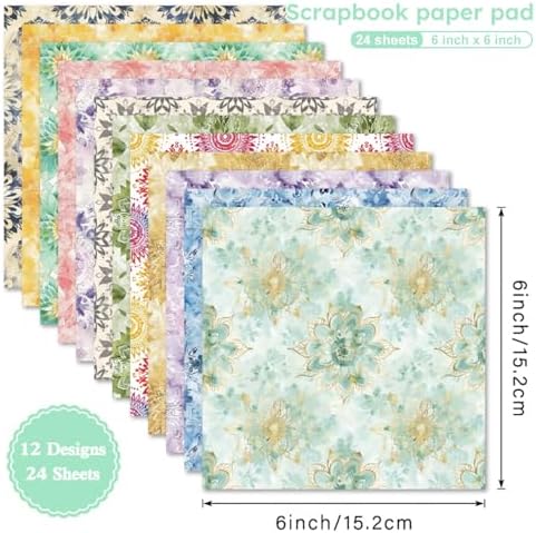 Colorful Flowers Scrapbooking Paper Pad, 24 Sheets 6in Geometric Aesthetic Decor for Collage Decoupage Journals Wrapping Folded Materials Arts Origami Gift Cardstock DIY Crafts Photo Album