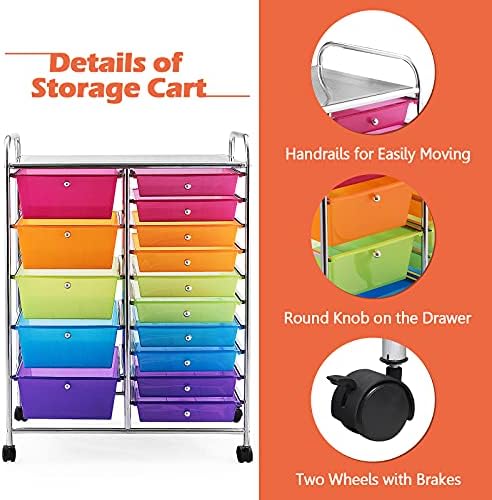 GOFLAME 15-Drawer Rolling Storage Cart, Craft Storage Cart with Removable Drawers & Lockable Wheels, Art Cart Supply Storage Organizer for Home Office Classroom, Rainbow