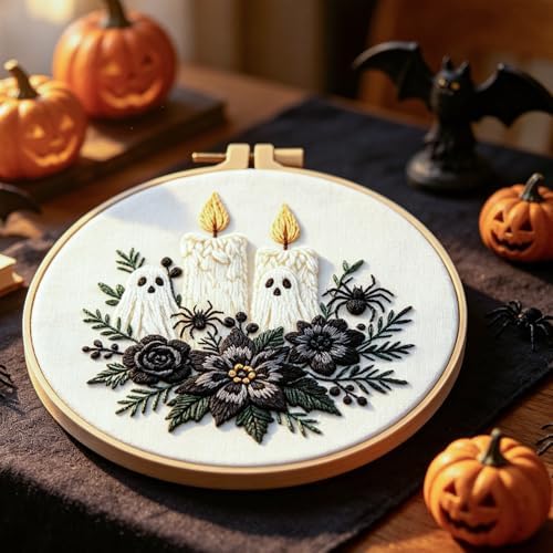 FONNUY Halloween Embroidery Kits for Beginners,Skull Pumpkin Spider Web Floral Stamped Cross Stitch Kit for Adults, Spooky Season Boho Wall Decor, 8'' Hoop (Candles)