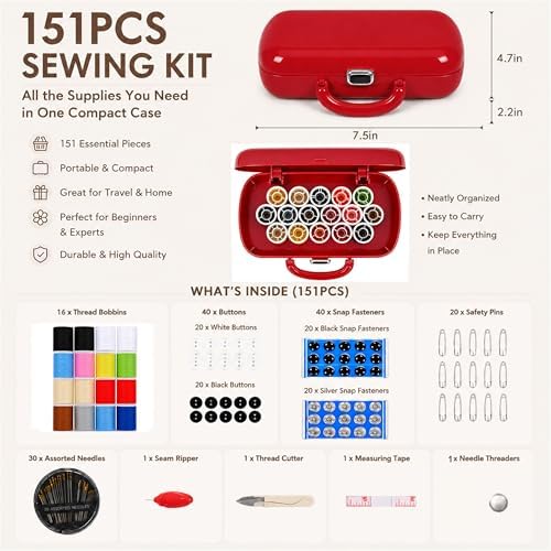 FKOG Sewing Project Kit, 151 Pcs Family Sewing Supplies Repair Kit Traveler Sewing Kit Sewing Thread Accessories DIY Sewing Supplies Organizer (Dark Red)