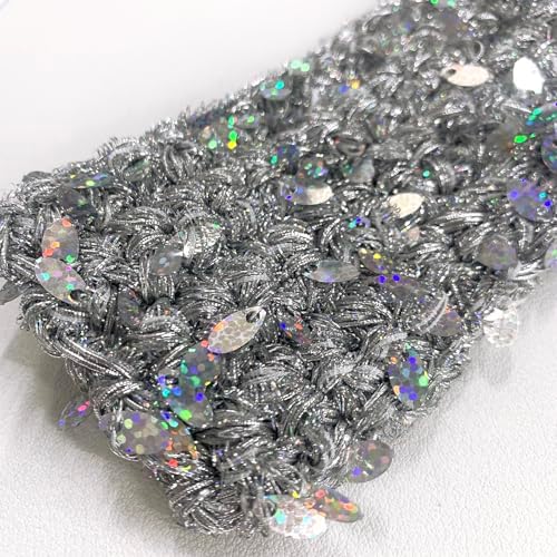 Artisanal Yarn Collection Multifiber Multicolored Fancy Yarn with Laser Sequins for Knitting Crocheting Crafts DIY, Set of 3 Rolls (Laser Silver)
