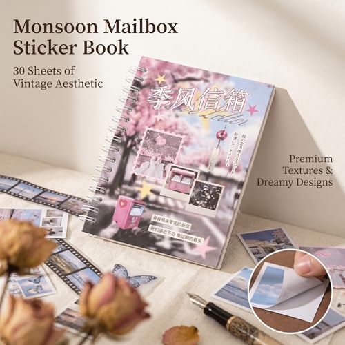 Japanese Sticker Book for Journaling and Scrapbooking, 30 Sheets Kawaii Y2K Aesthetic Paper Stickers for Junk Journal Supplies, Planner Decor, Collage, Vision Board and DIY Crafts, Monsoon Mailbox