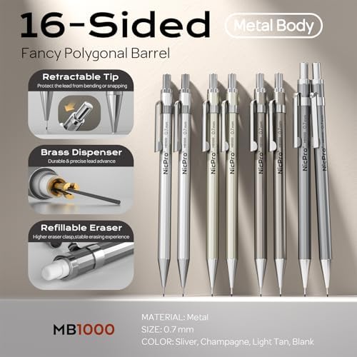Nicpro 8 Pack Mechanical Pencil 0.7mm, MB1000 Metal Mechanical Pencil Set