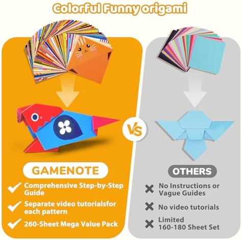 GAMENOTE Origami Kit for Kids Ages 8-12, 80 Assorted Projects, 260 Sheets | Double-Sided Origami Paper with mixed themes includes 160 patterned sheets, 100 solid practice sheets and a guidebook.