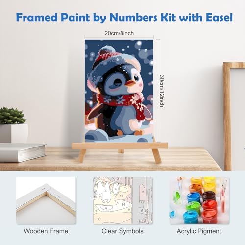 MOGTAA Christmas Paint by Numbers Kit for Adults Beginners with Frame, Penguin Adult Paint by Number Kits on Canvas with Easel, Easy DIY Winter Oil Painting Kits for Home Decor, 8x12in