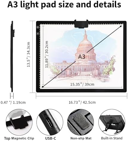 Rechargeable A3 Light Pad for Diamond Painting with Padded Case,Light Board with Stand,3 Colors Stepless Dimmable and 6 Levels of Brightness Light Box for tracing,Drawing,Sketching,Animation